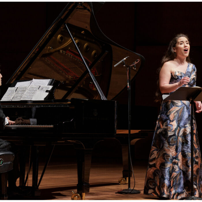 This photo appears to be of soprano Joélle Harvey performing with the Chamber Music Society of Lincoln Center.